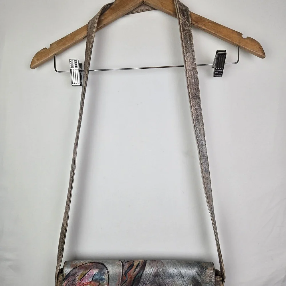 Jane Yoo Painted Leather Crossbody Bag Abstract Metallic Vintage Art to wear